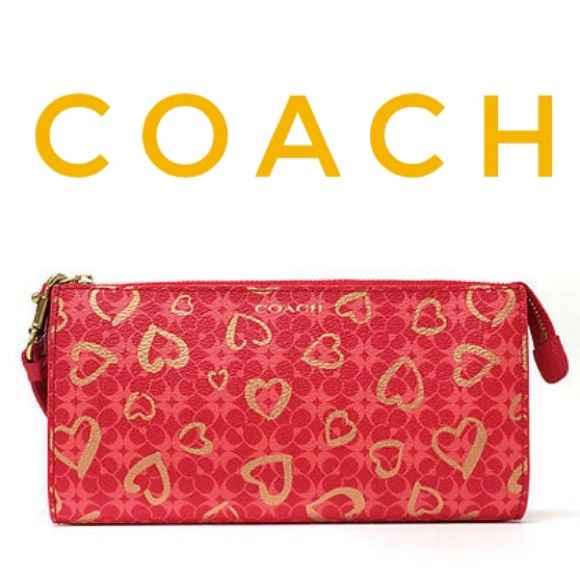 Nwt Coach Signature Hearts Zippy Wallet Red Gold
